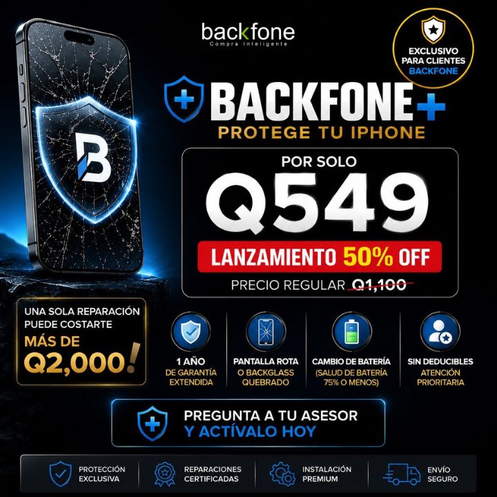 Protege tu iPhone con Backfone+. Incluye 1 año de garantía extendida y cobertura para pantalla rota, backglass quebrado o cambio de batería. Exclusivo para clientes Backfone.